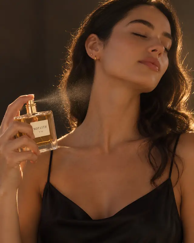 woman spraying perfume on her neck