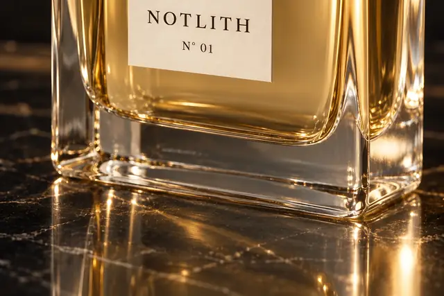 close-up of a perfume bottle label