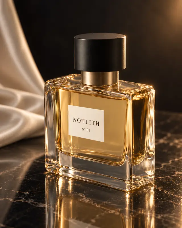 perfume bottle on a reflective surface