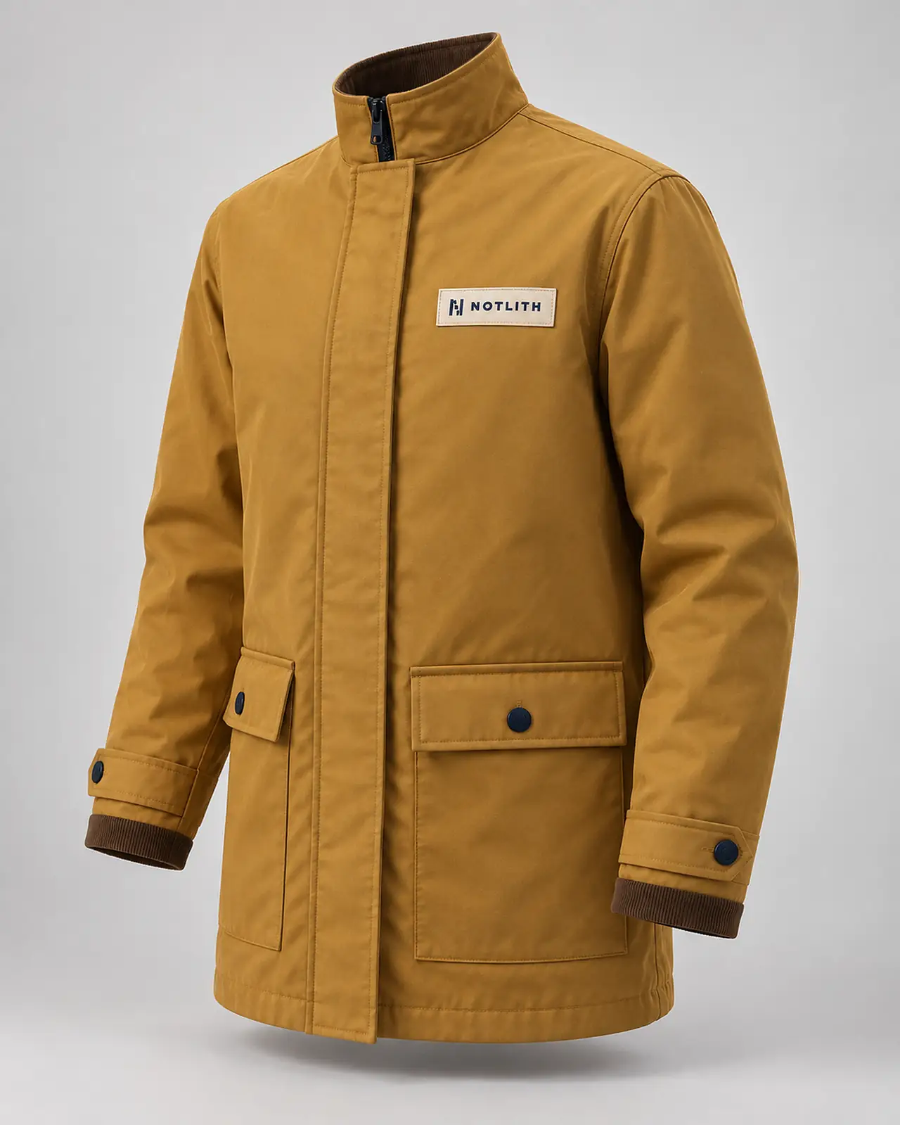 Complete ochre Notlith concept jacket shown from the front, including collar, sleeves and hem