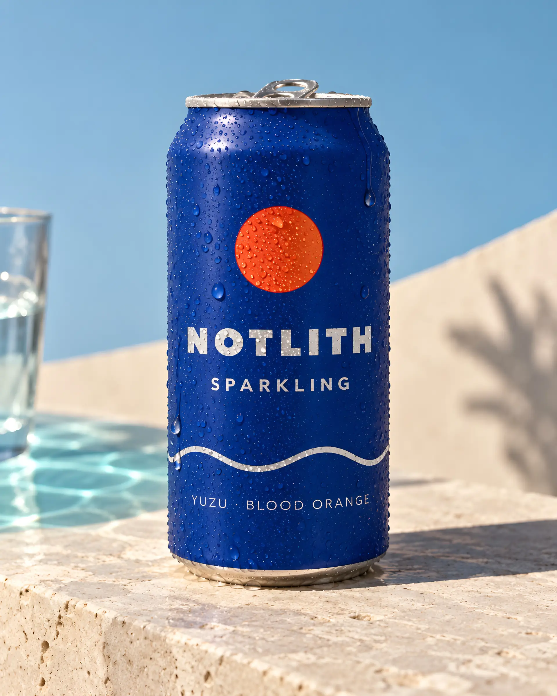 canette bleue posée sur une margelle près d’une piscine