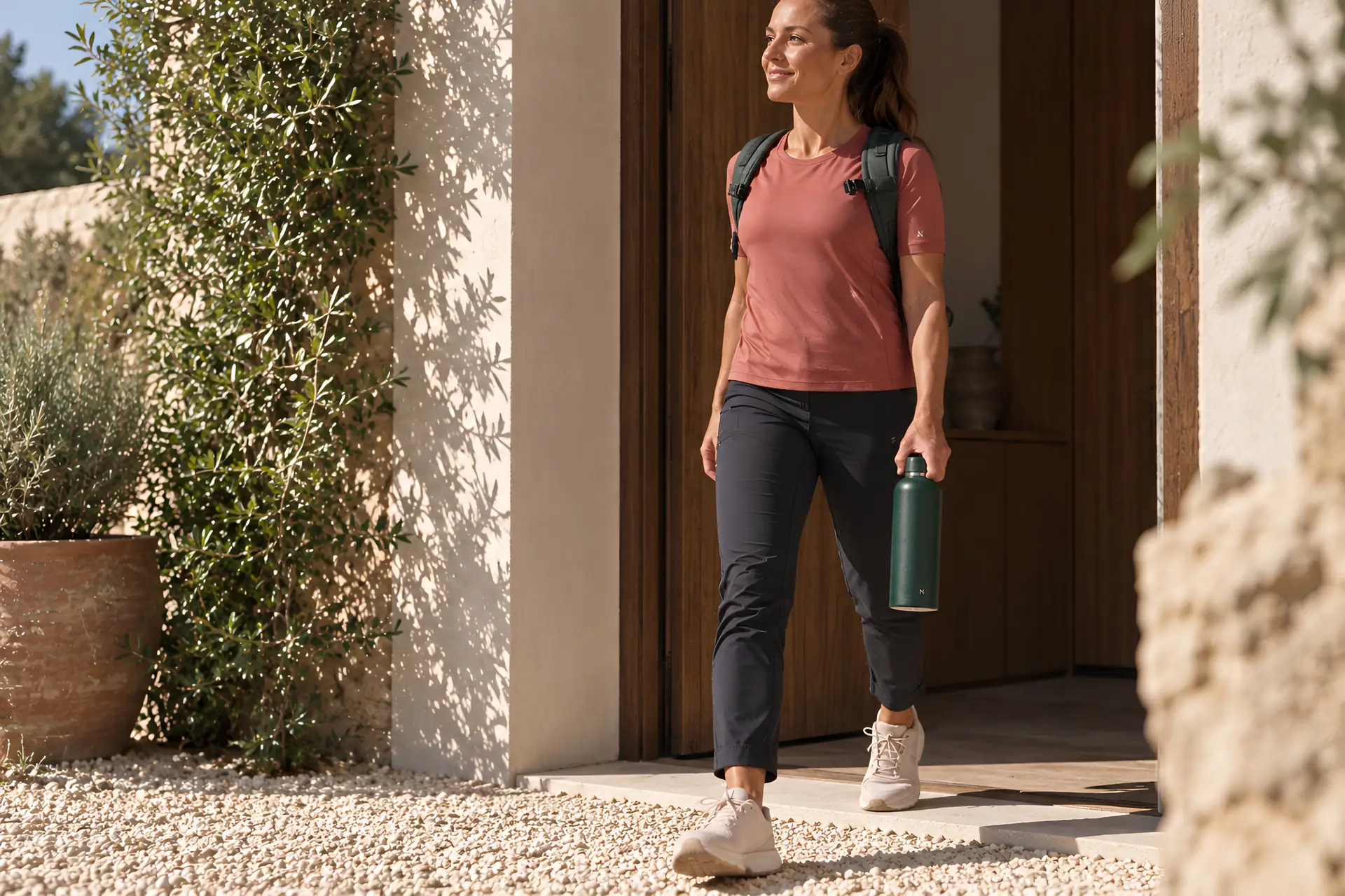 femme portant un sac à dos et tenant une gourde devant une maison