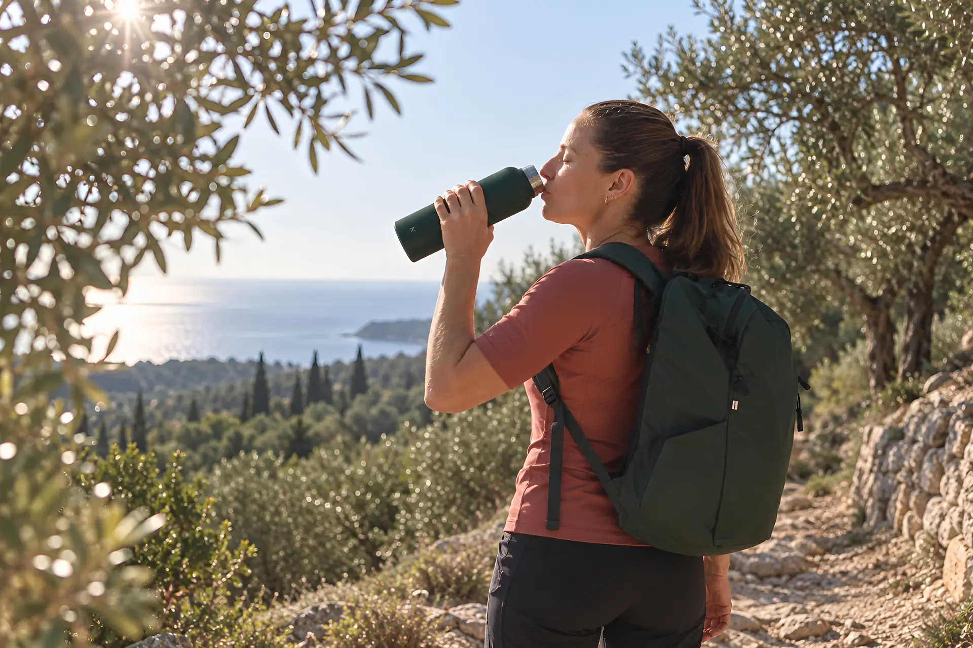 femme buvant dans une gourde sur un sentier avec vue sur la mer
