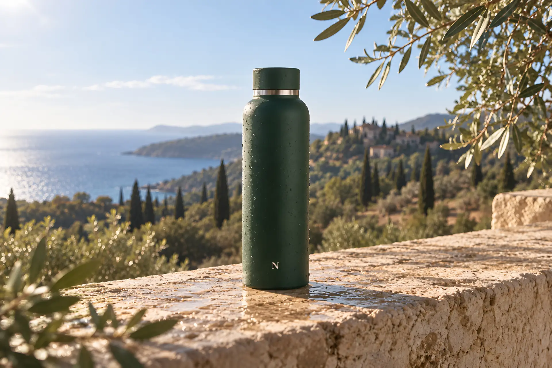 gourde vert foncé posée sur une terrasse avec un paysage côtier