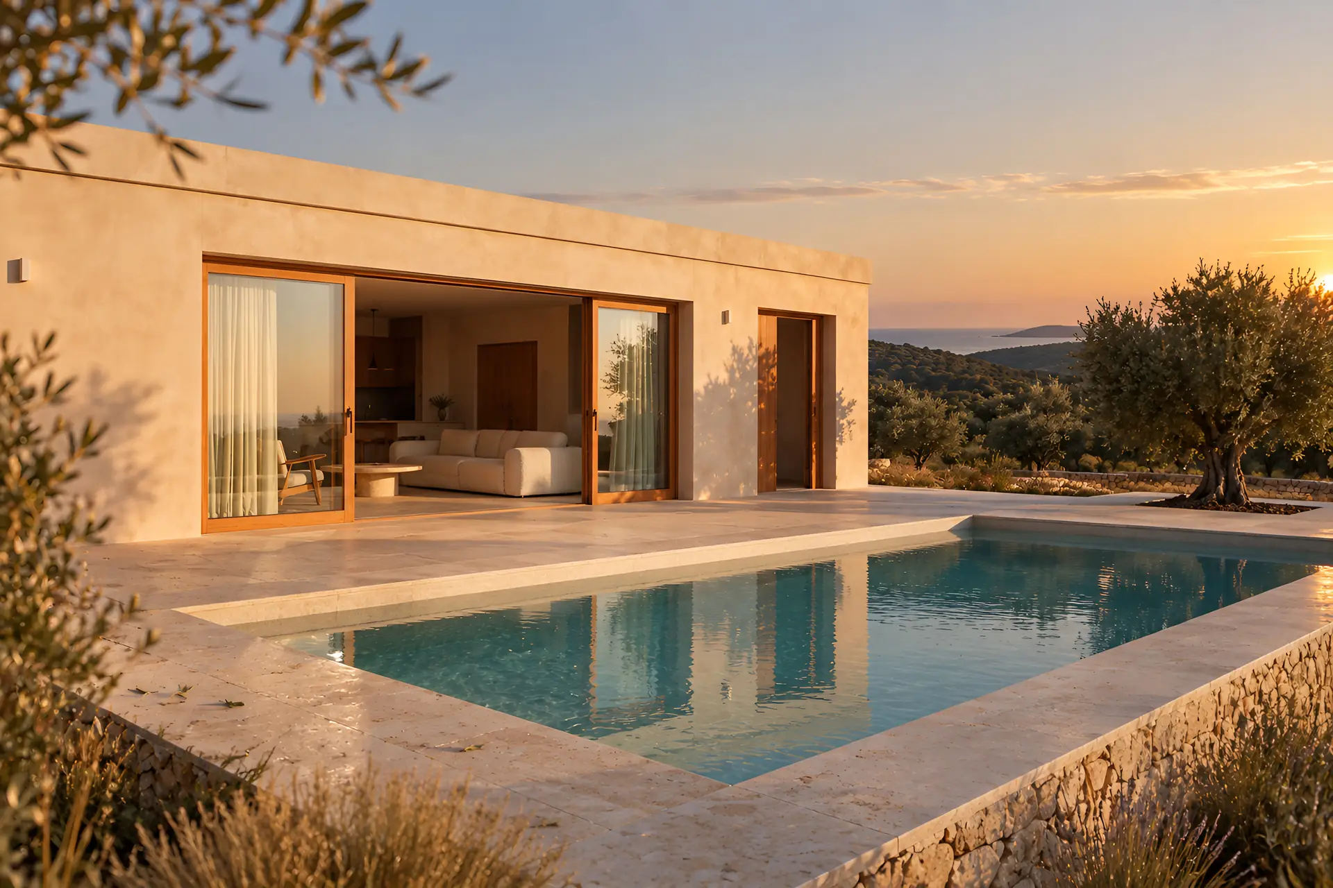 maison en pierre avec piscine au coucher du soleil