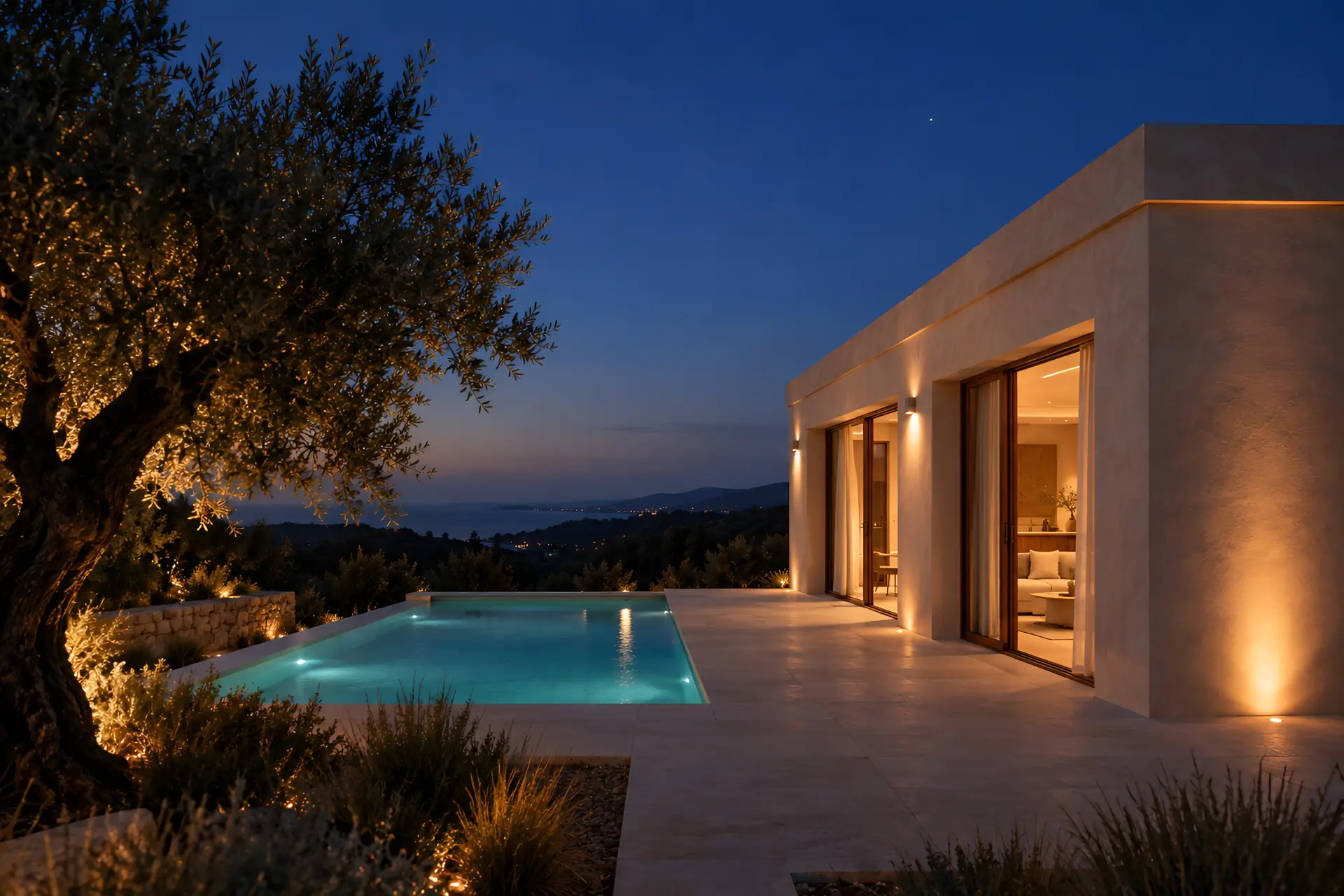 maison éclairée la nuit au bord d’une piscine