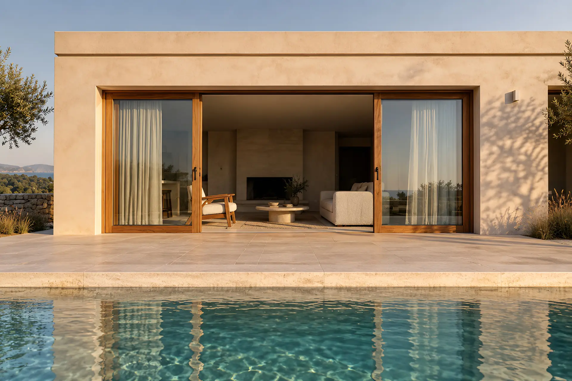 façade d’une maison donnant sur une piscine