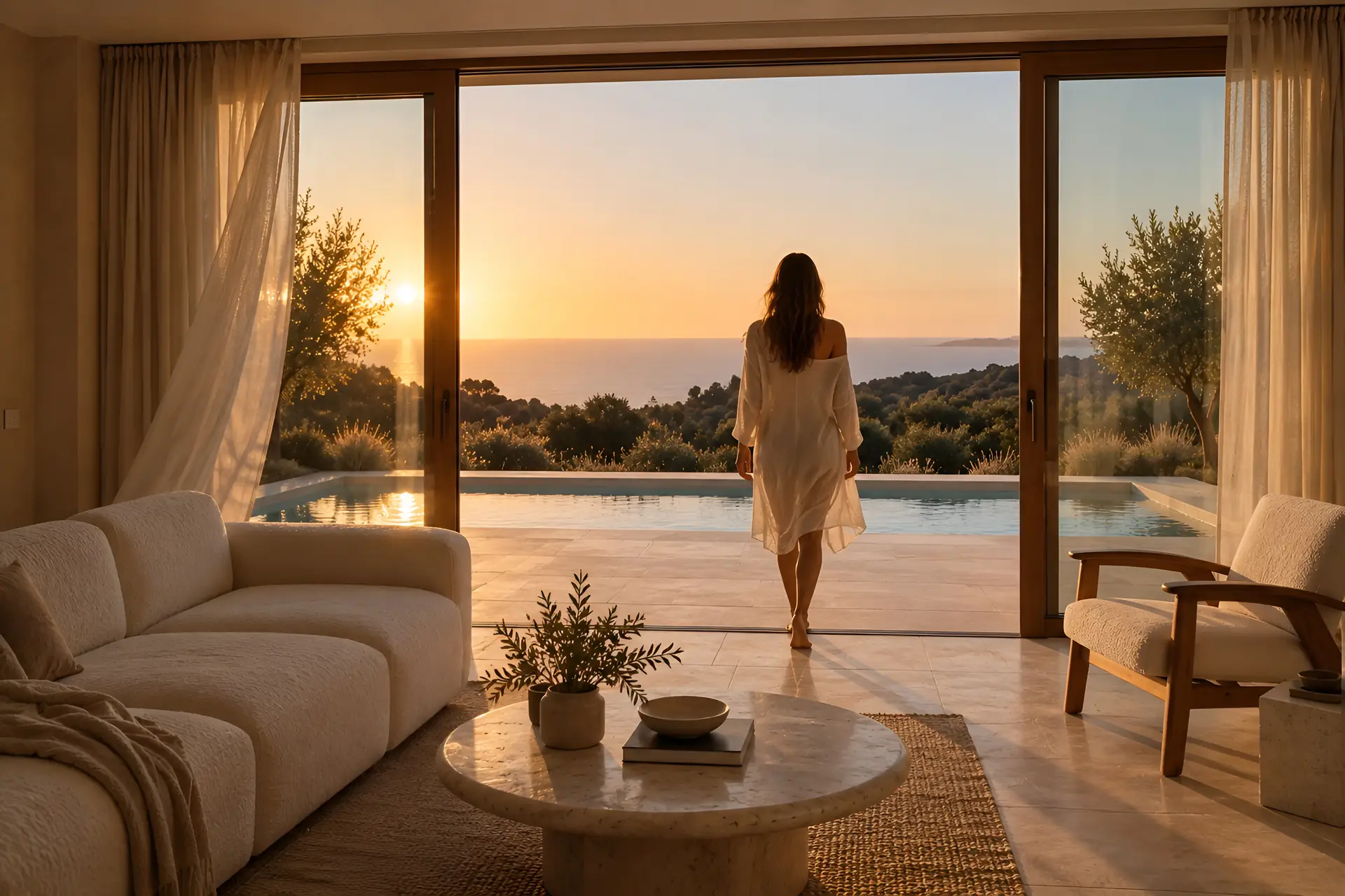 salon ouvert sur une piscine et un paysage au coucher du soleil