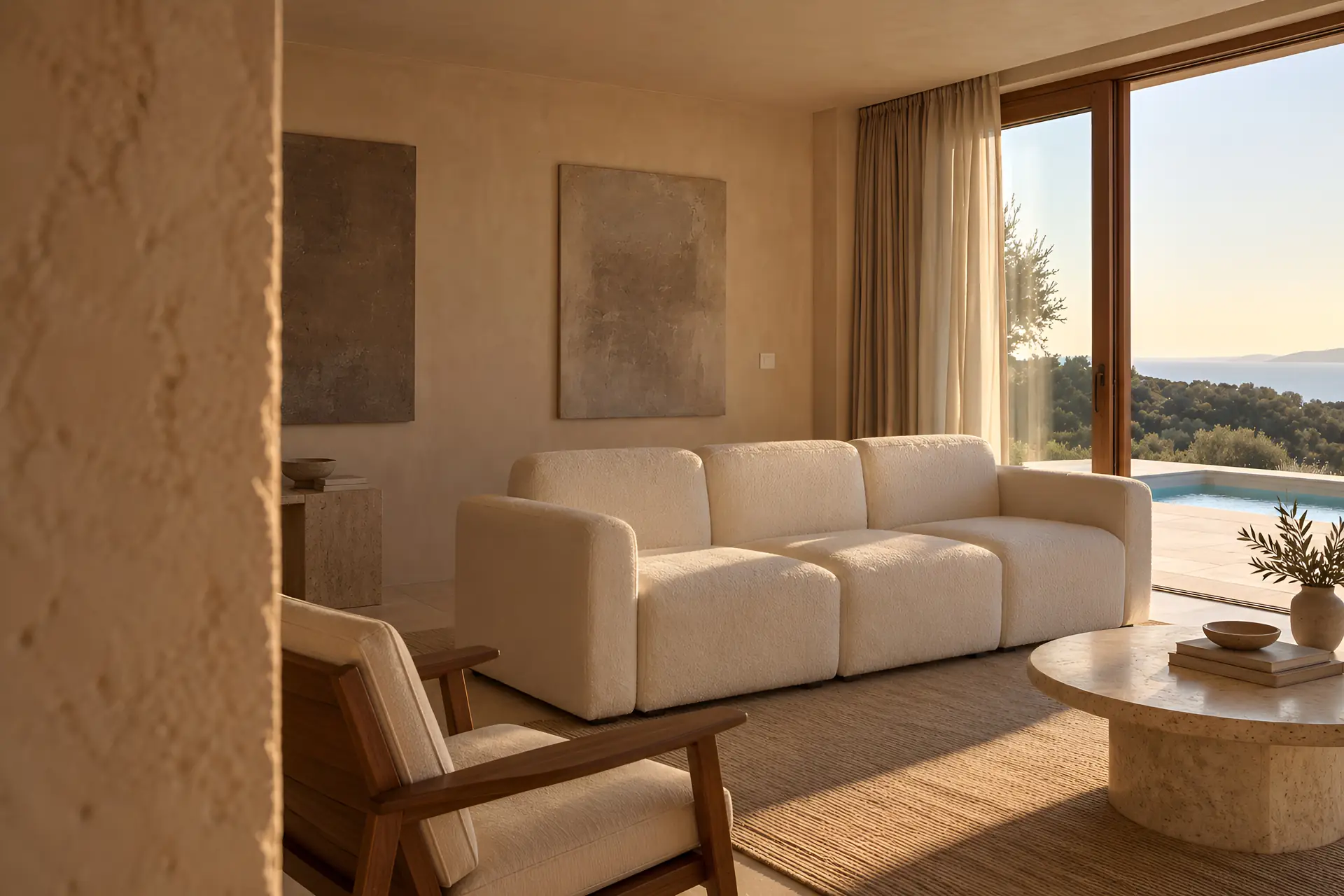 salon avec canapé, baies vitrées et vue sur l’eau