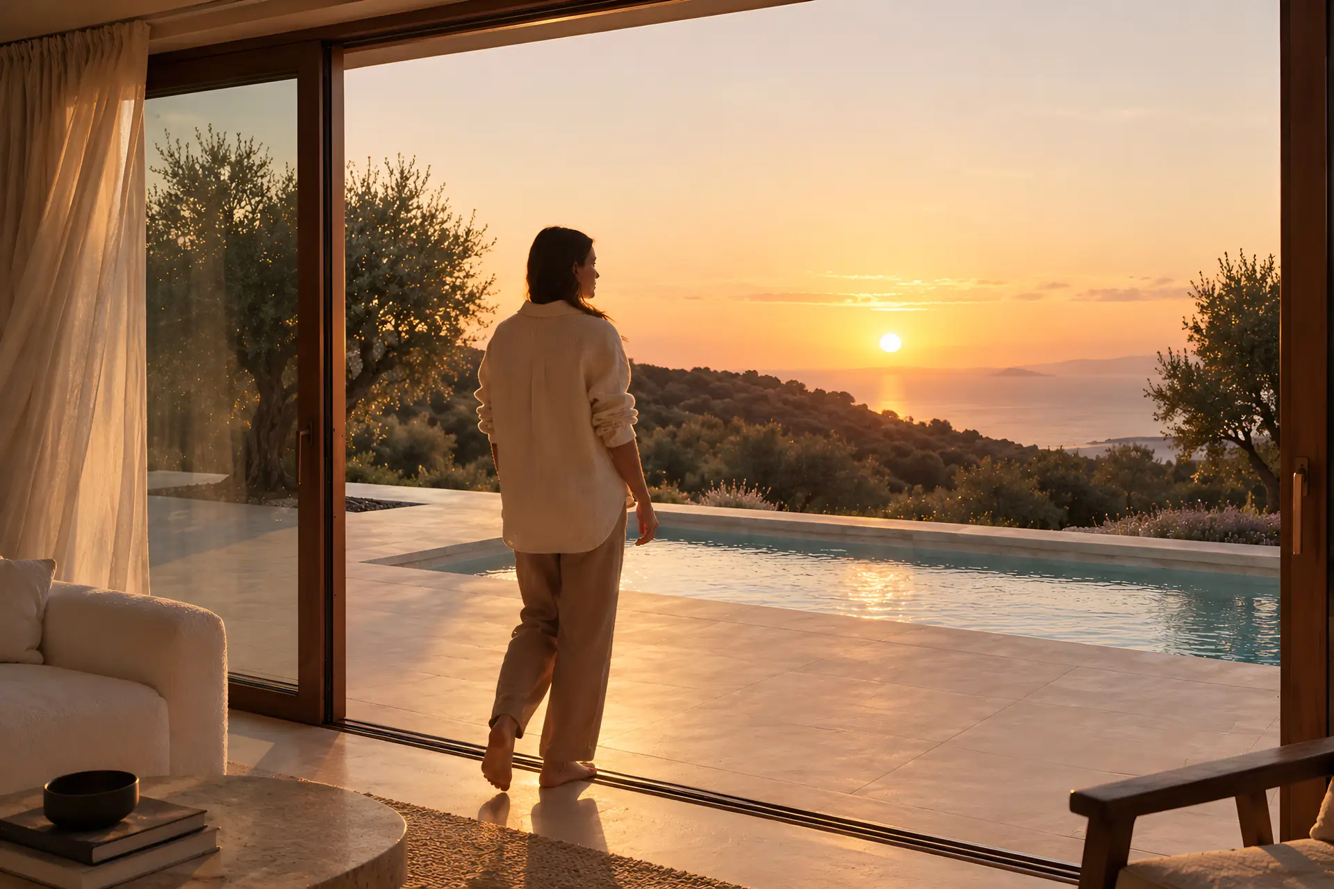 personne debout devant une baie vitrée face à un paysage au coucher du soleil