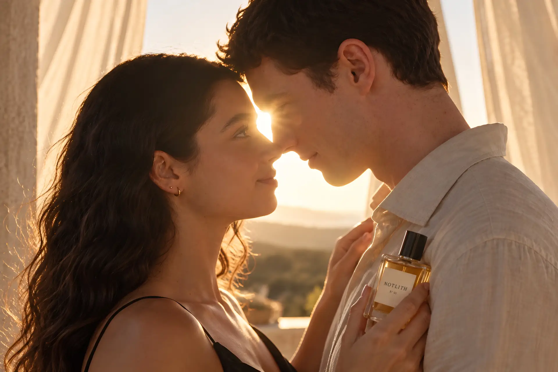 femme et homme se faisant face dans la lumière du coucher du soleil
