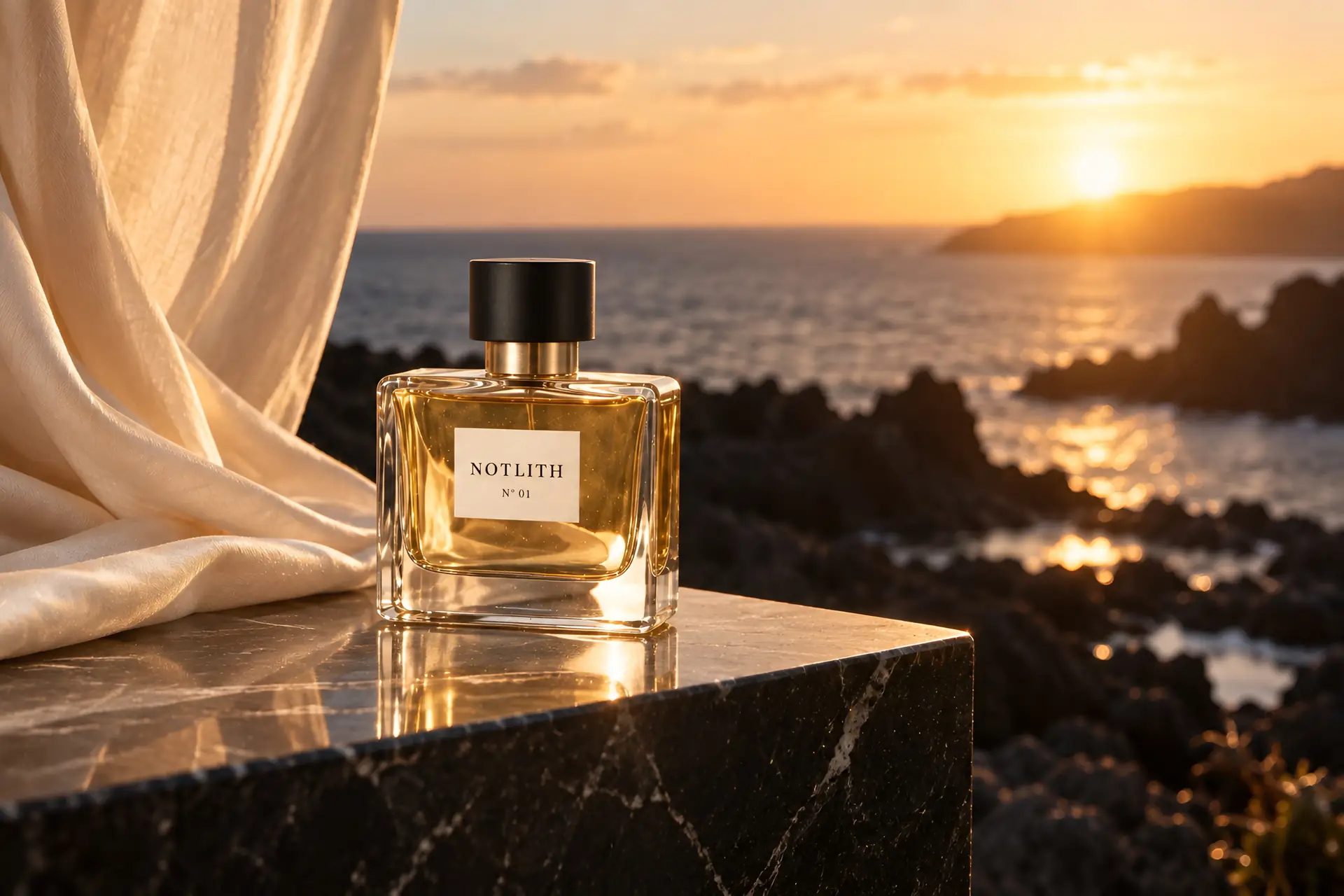 flacon de parfum posé devant un paysage côtier au coucher du soleil
