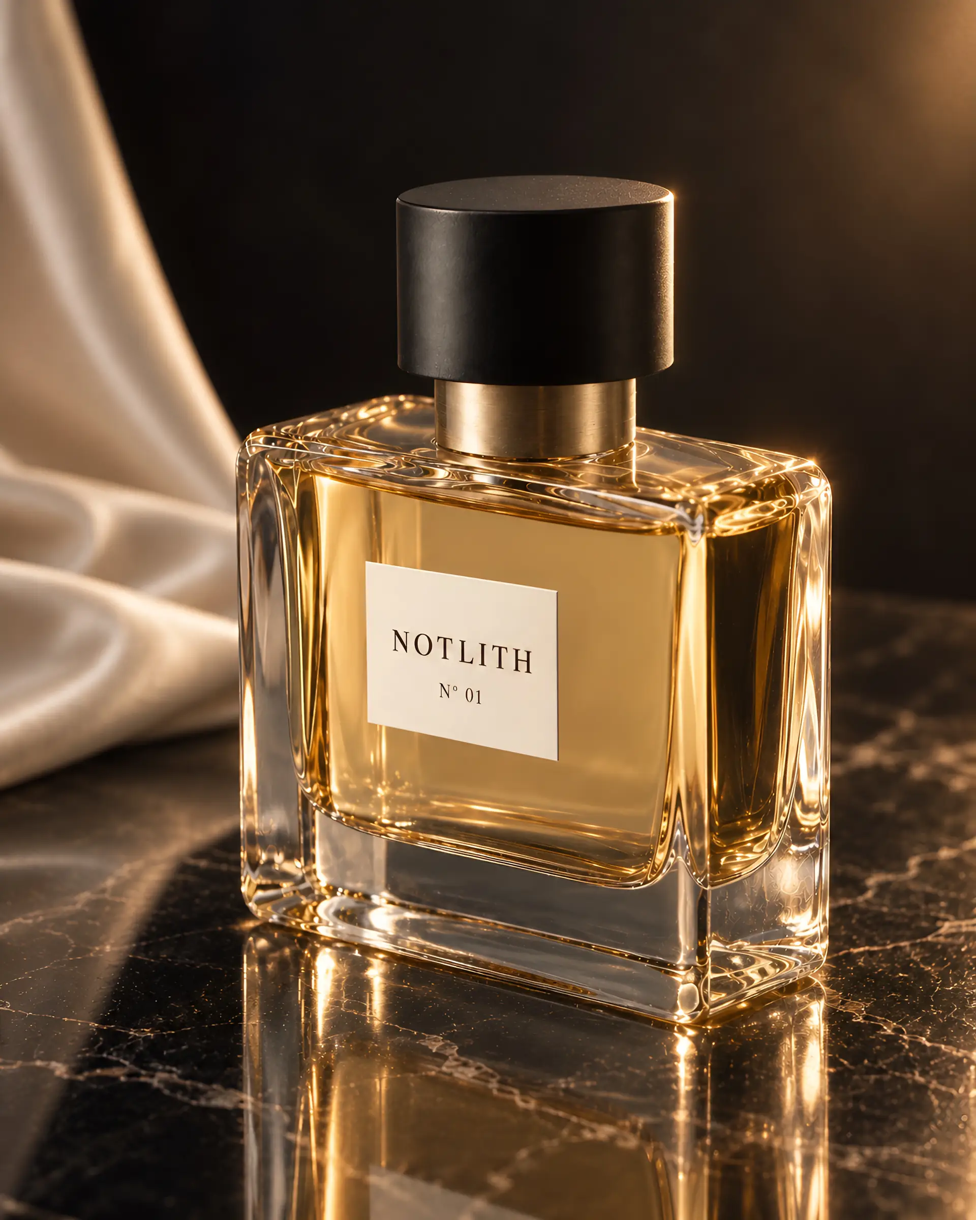 flacon de parfum posé sur une surface réfléchissante