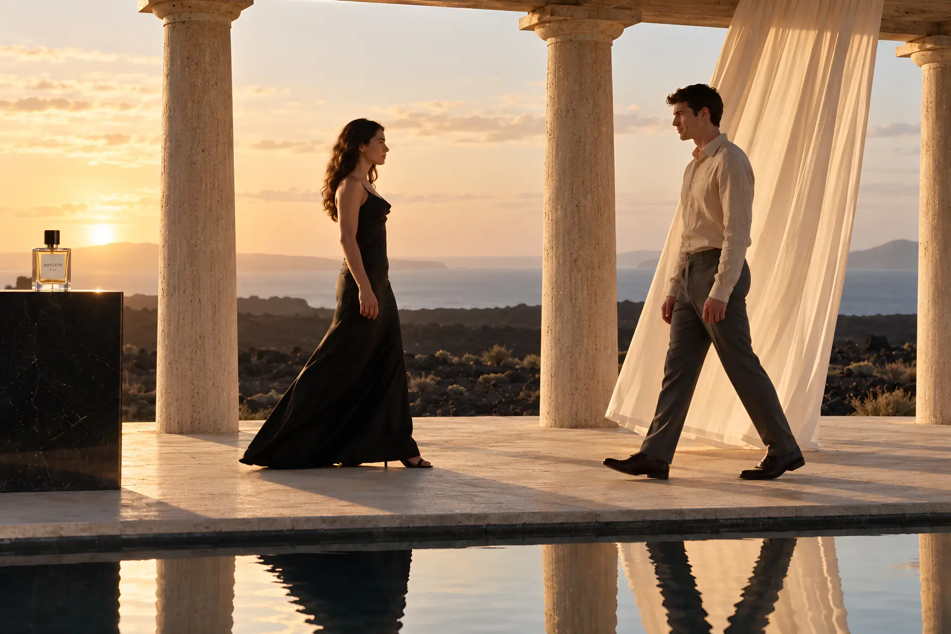 femme et homme marchant entre des colonnes au coucher du soleil