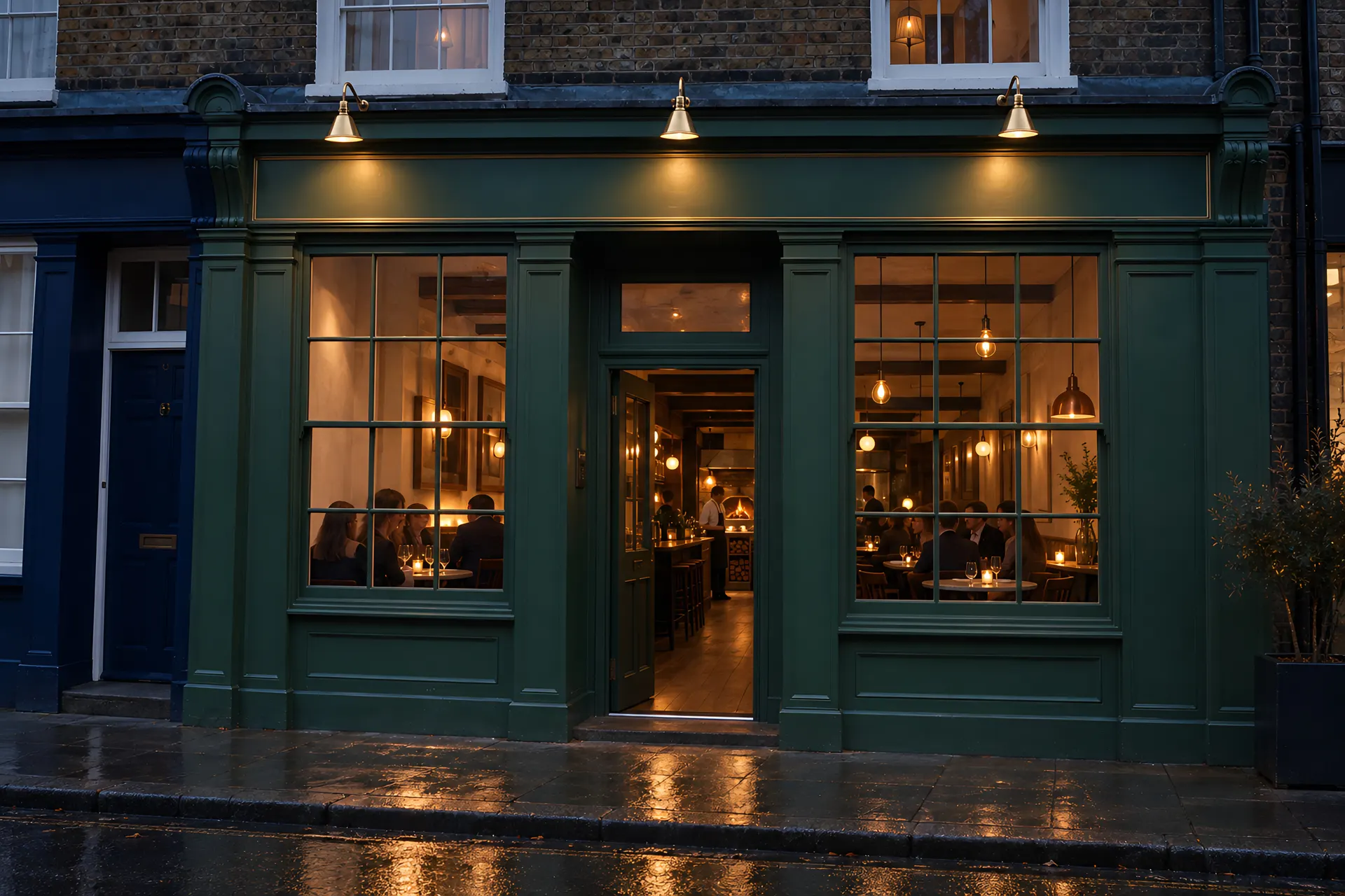 Façade de restaurant vert foncé éclairée au crépuscule