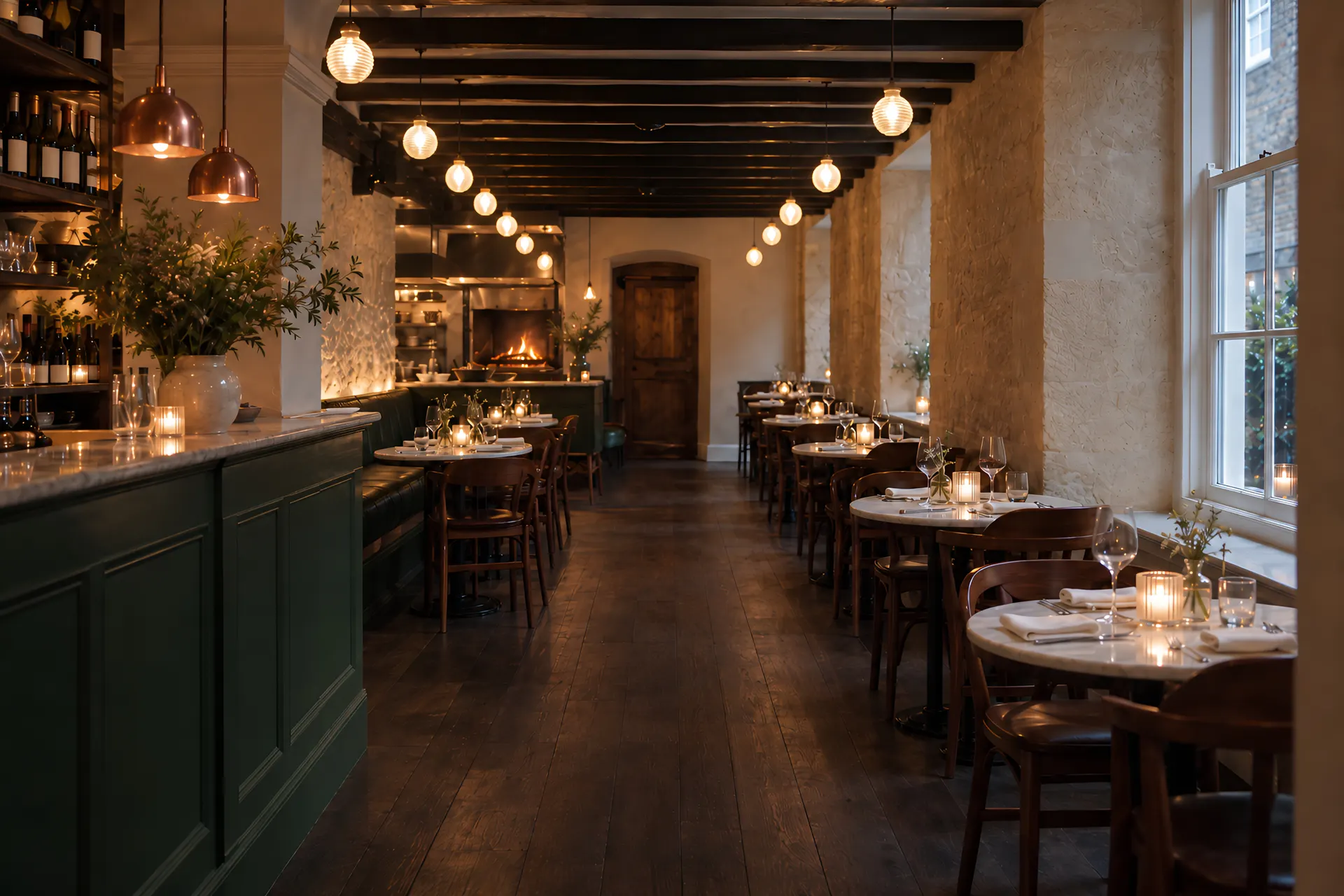 Salle de restaurant aux tables dressées et éclairage chaleureux