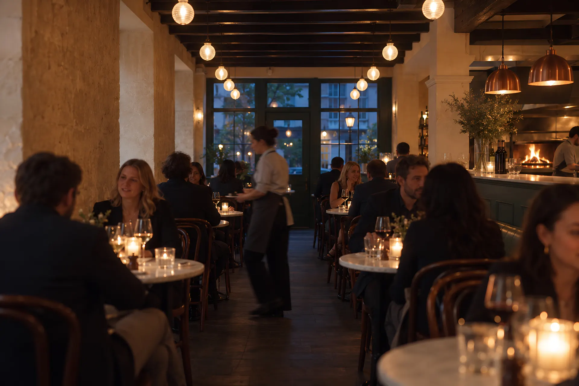 Clients et serveuse dans une salle de restaurant animée
