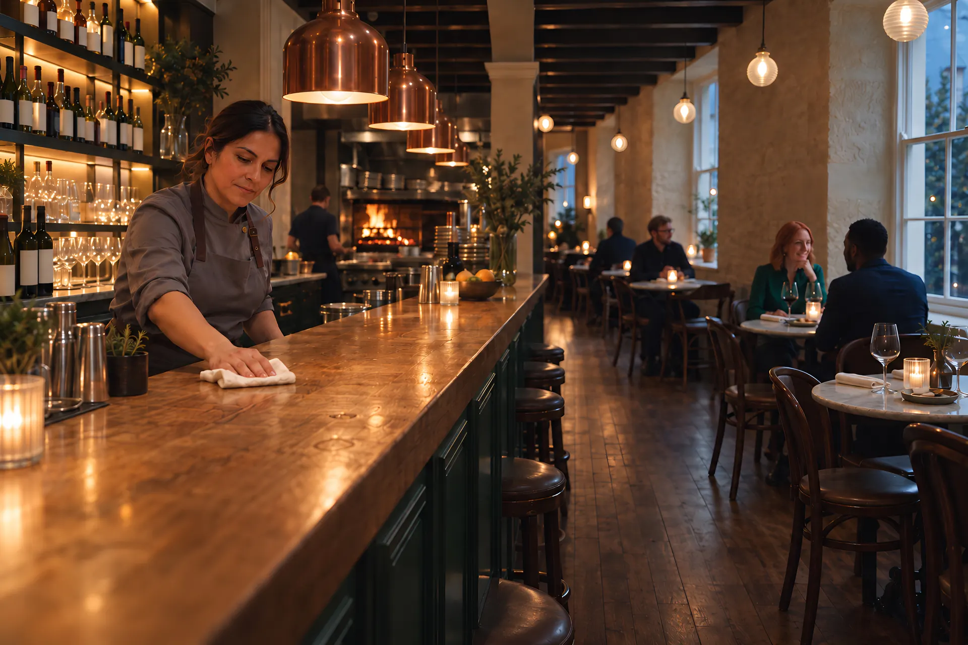 Employée essuyant le comptoir d’un restaurant