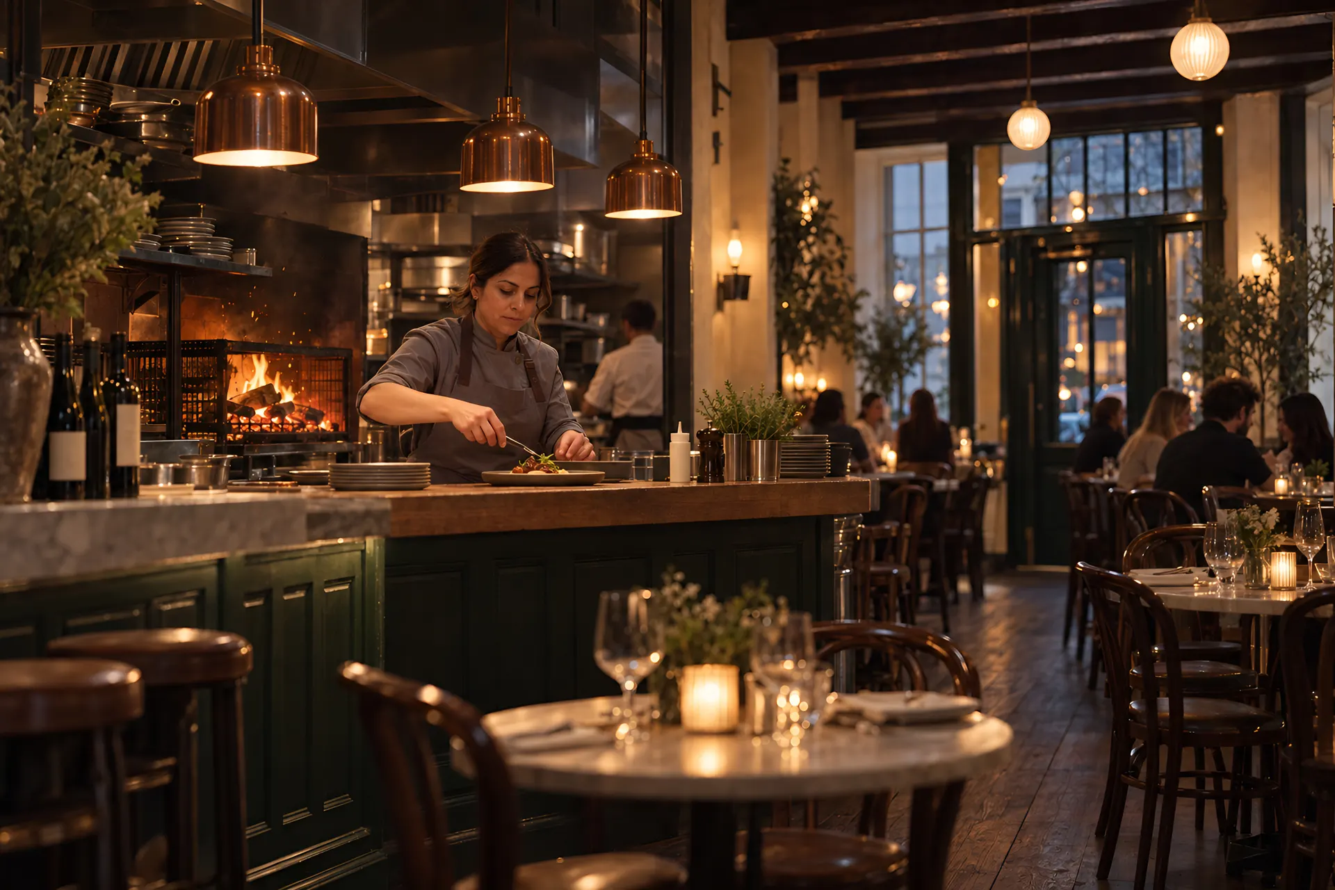 Cheffe dressant une assiette dans la cuisine ouverte d’un restaurant