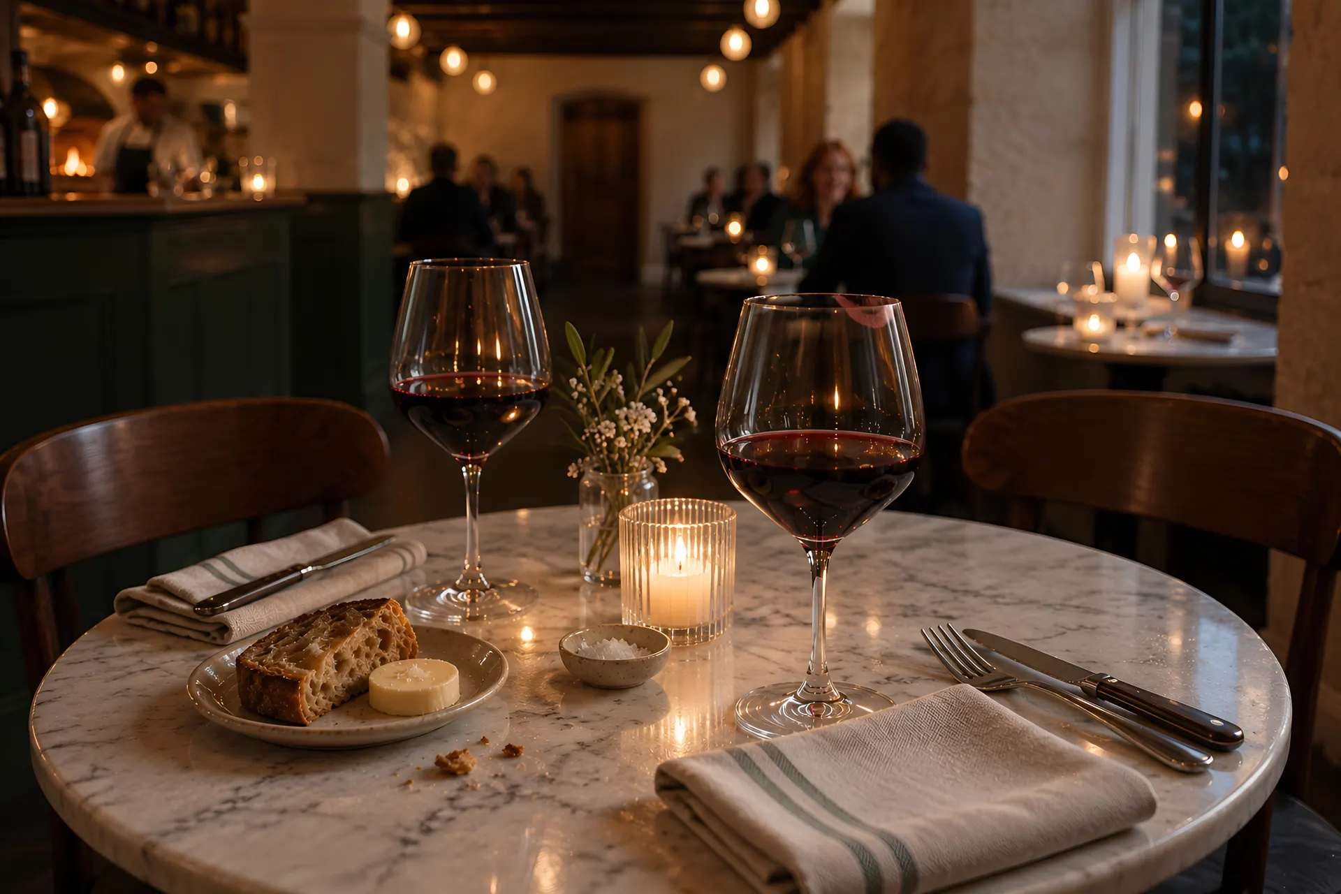 Deux verres de vin sur une table dressée dans un restaurant