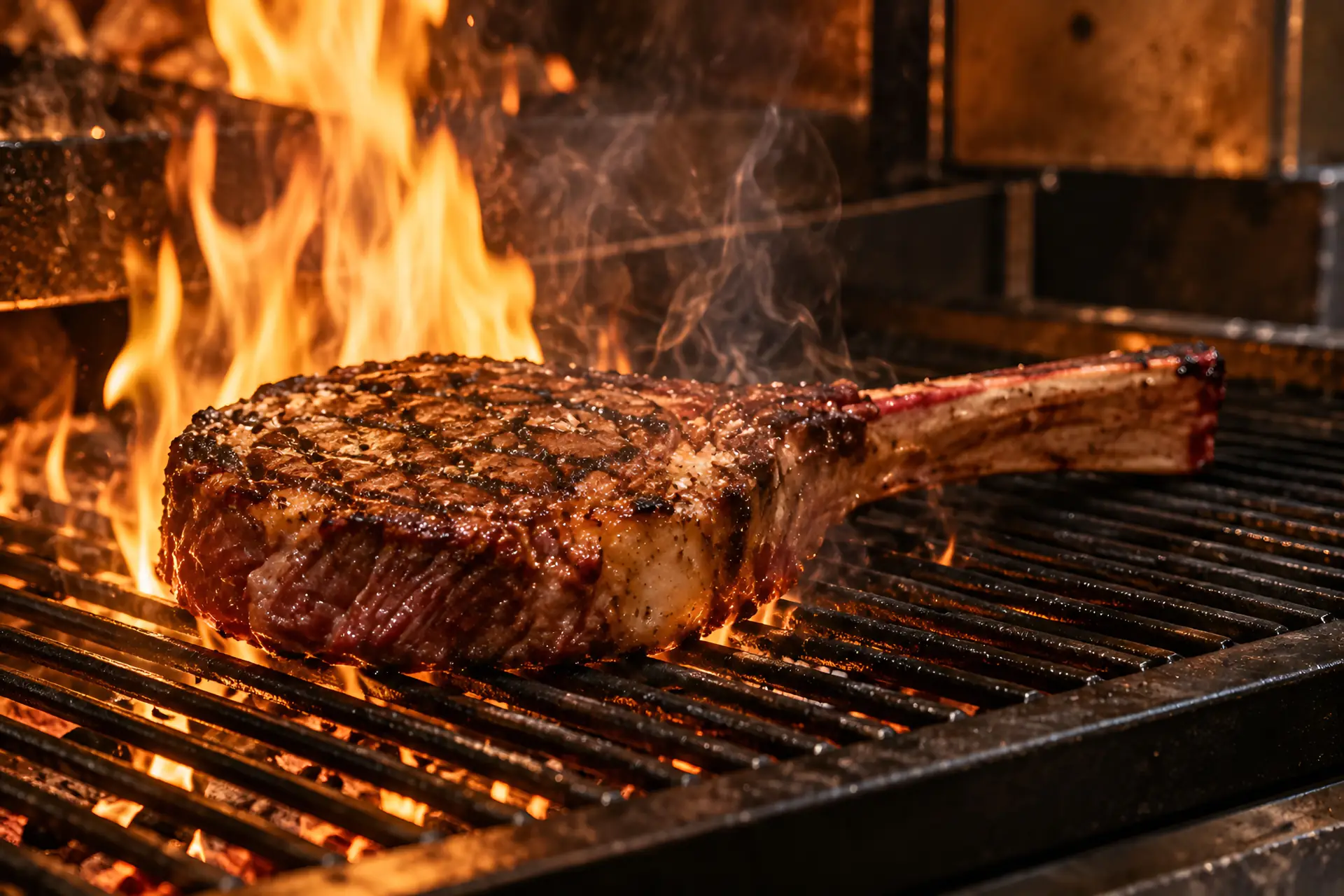 steak avec os grillé sur une grille devant des flammes
