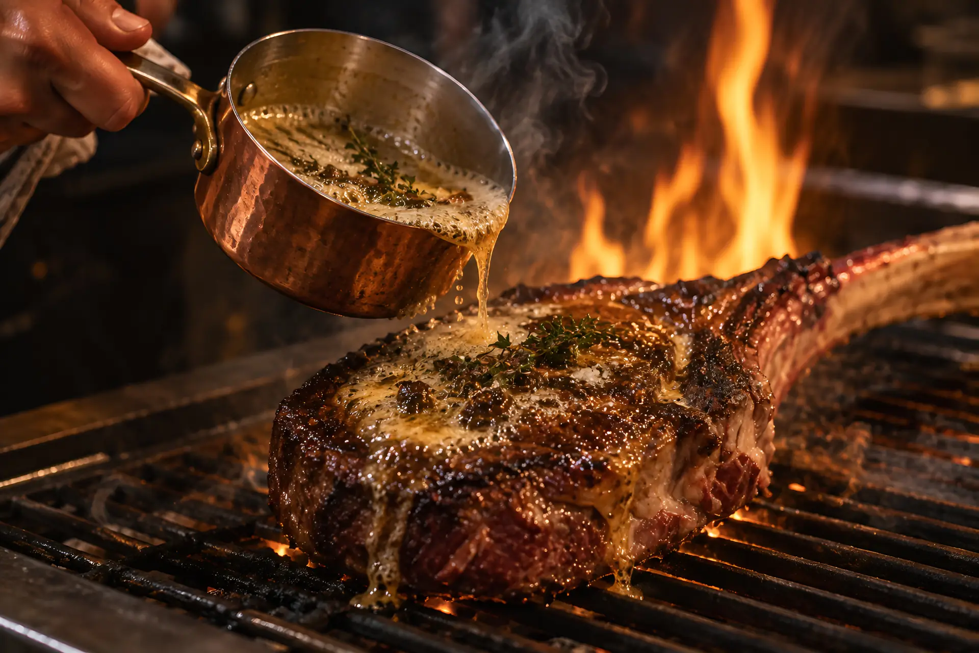 personne arrosant un steak sur un gril devant des flammes
