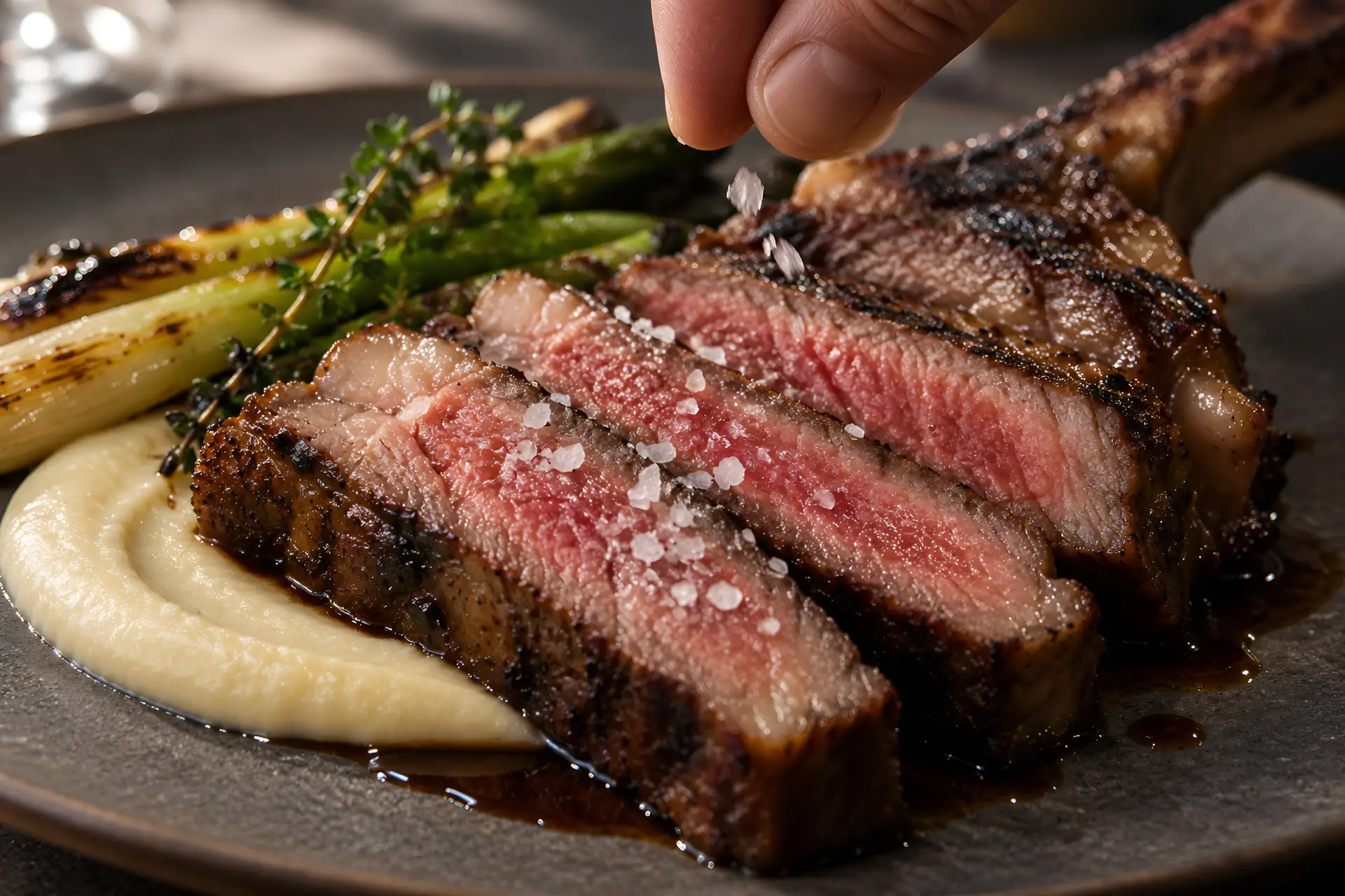 tranches de steak avec purée et légumes verts dans une assiette