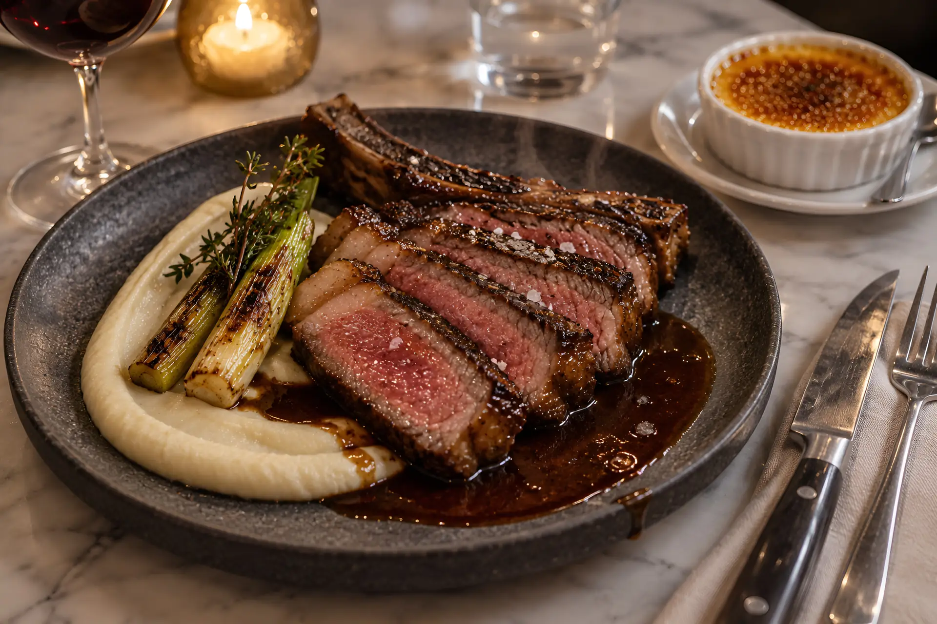 assiette de steak tranché avec purée et légumes grillés