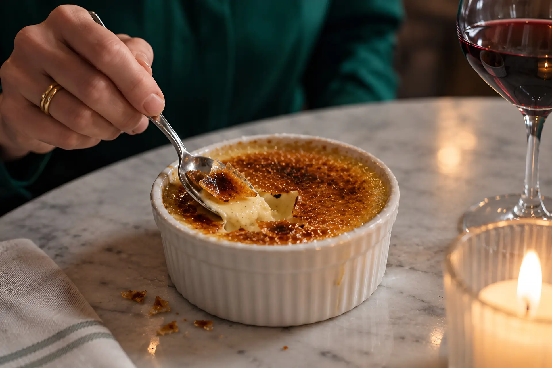 cuillère cassant la croûte caramélisée d’une crème brûlée
