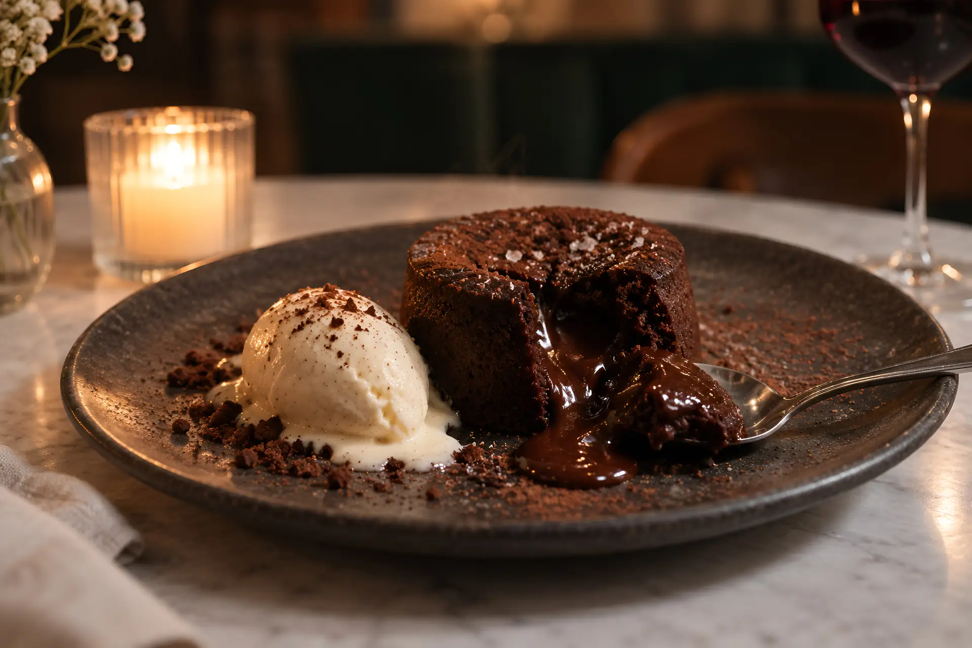 dessert au chocolat servi avec une boule de glace