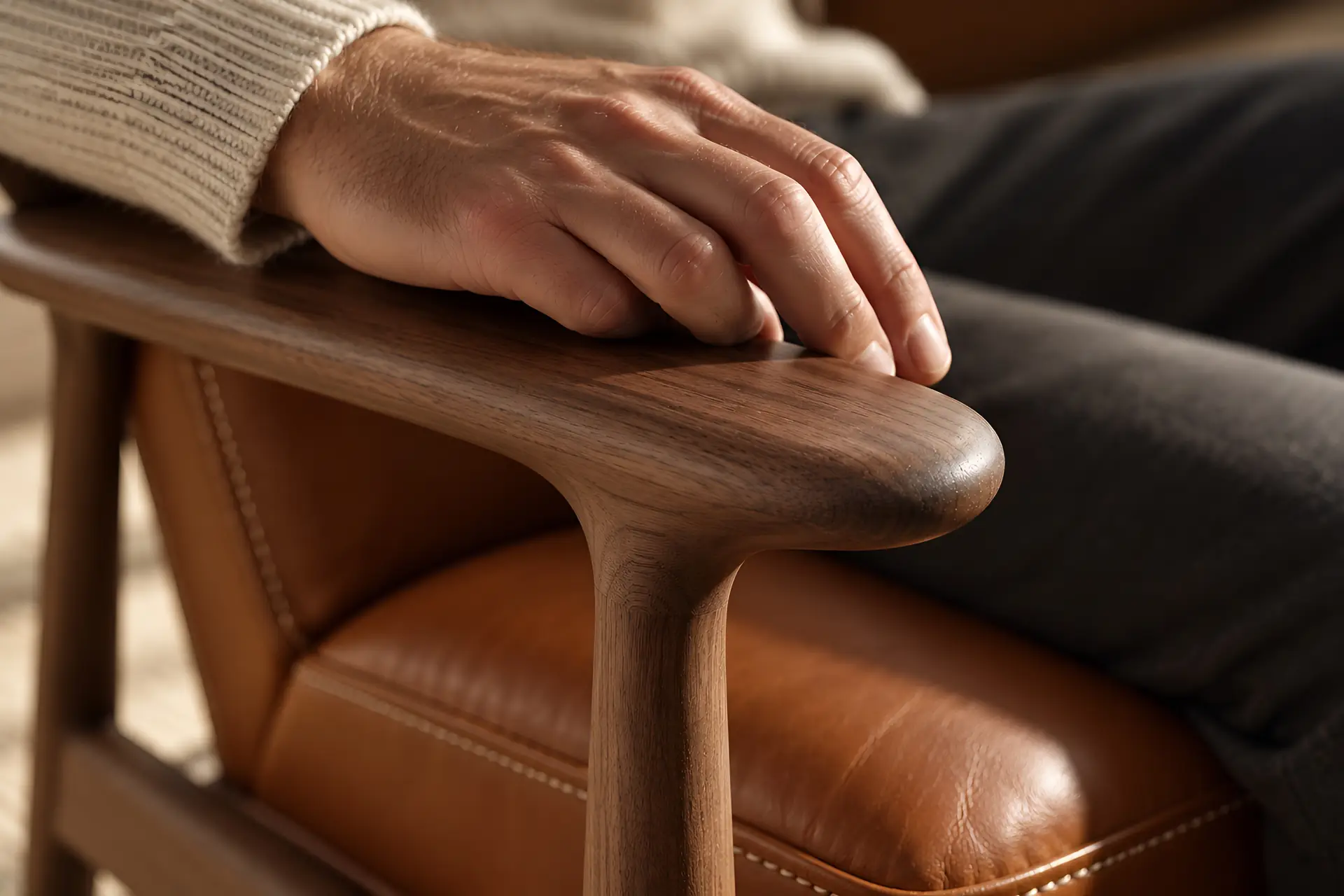 main posée sur l’accoudoir en bois d’un fauteuil en cuir