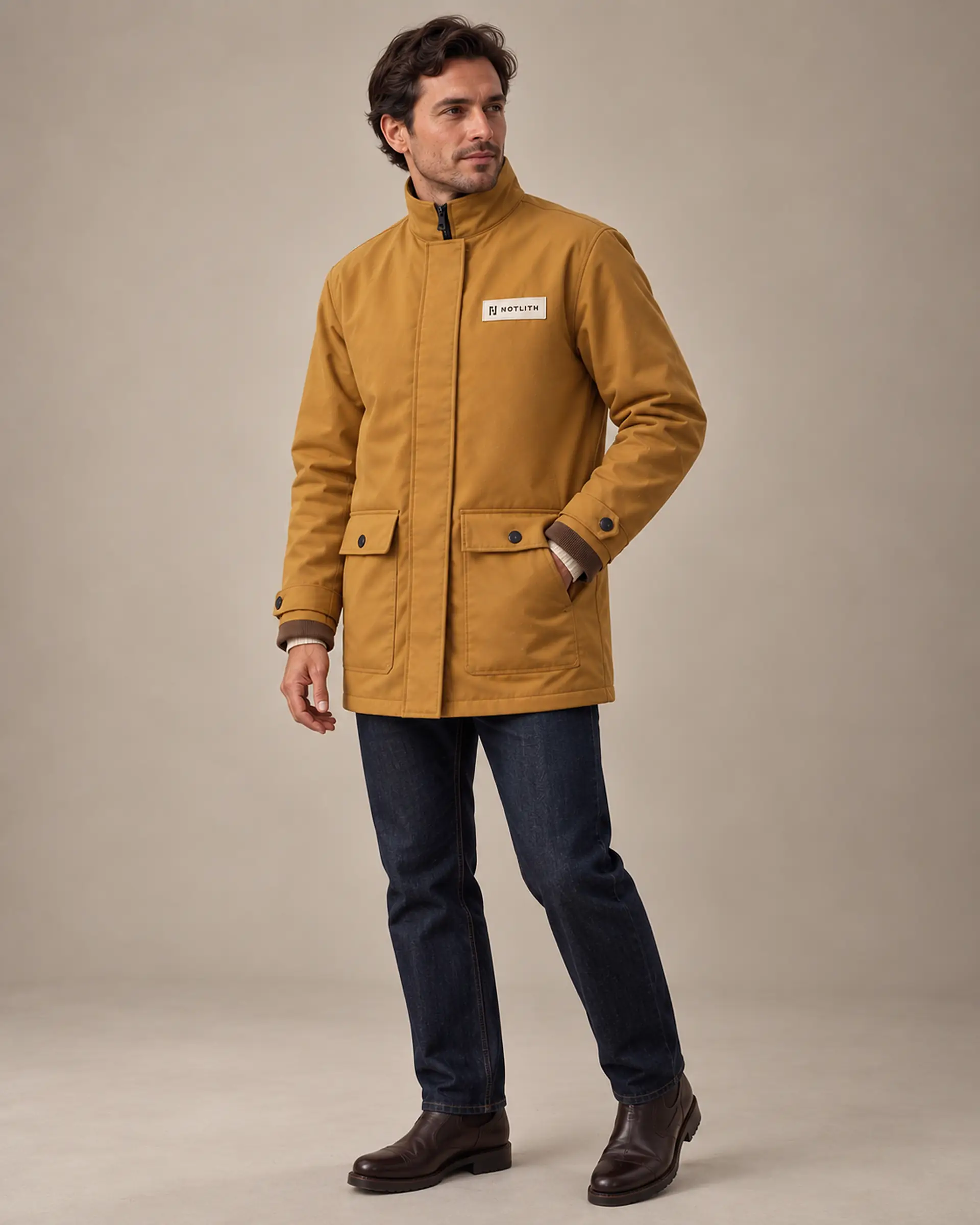 homme portant une veste ocre debout sur fond clair