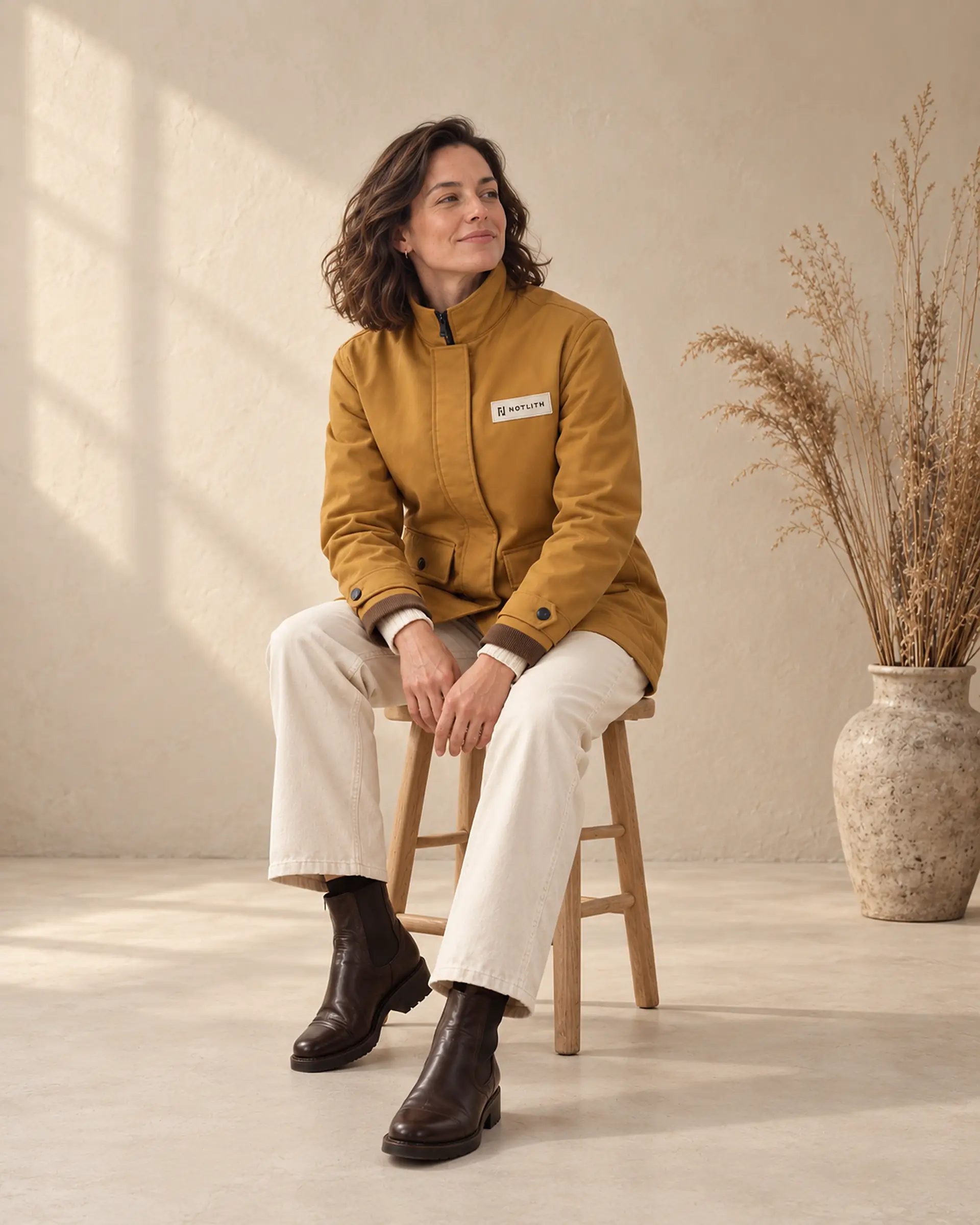 femme portant une veste ocre assise sur une chaise en studio